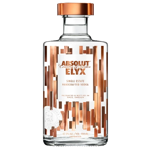 Bottle of Absolut Elyx vodka in 700ml size, featuring clear glass and sleek label, on a neutral background.