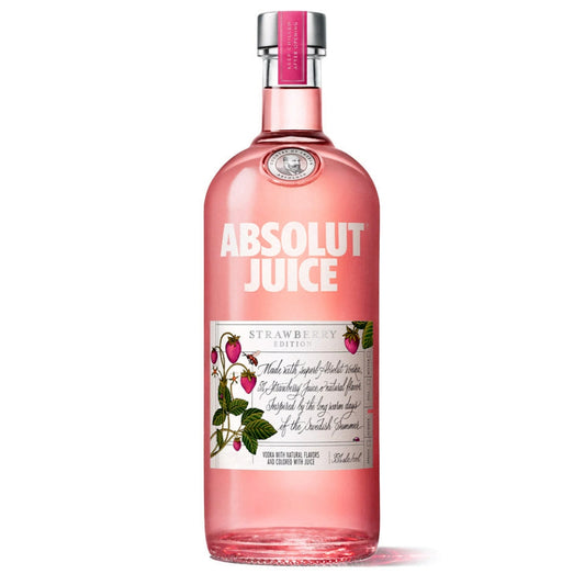 Bottle of Absolut Strawberry Juice Edition Vodka 750ml featuring a clear glass bottle with red and pink strawberry-themed label.