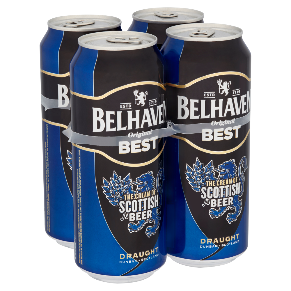 Four-pack of Belhaven Best beer cans, 440ml each, in a 24-case bundle, displayed with branded packaging