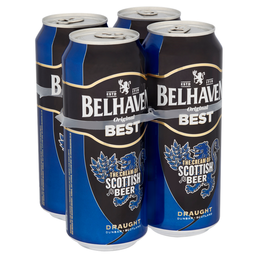 Four-pack of Belhaven Best beer cans, 440ml each, in a 24-case bundle, displayed with branded packaging