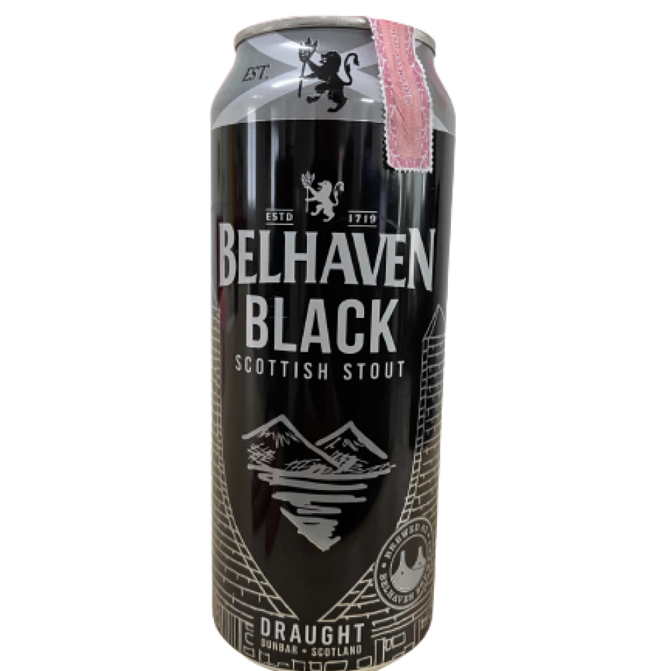 Four packs of Belhaven Black stout in 440ml cans, part of a 24-case box, featuring dark beer with rich roasted malt flavors.