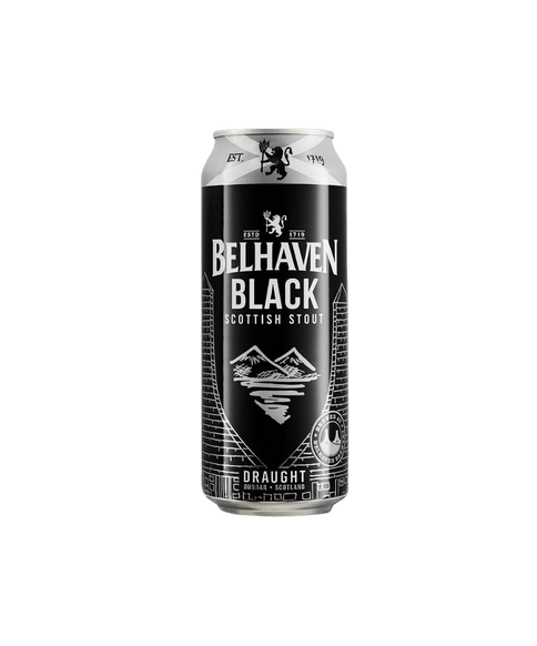 Four-pack of Belhaven Black stout cans in 440ml size, shown in a 24-case packaging, from LiquorDay.