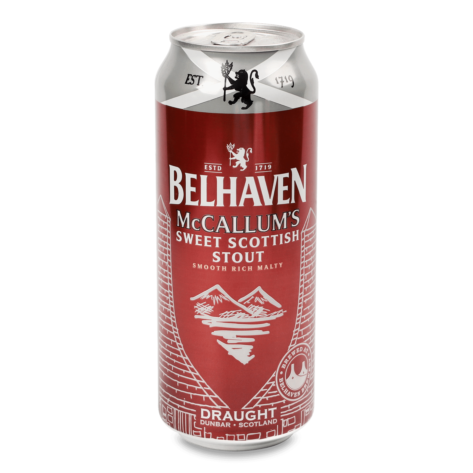 Four 440ml cans of Belhaven McCallum's Stout in a 24-pack case, featuring dark stout beer from LiquorDay.