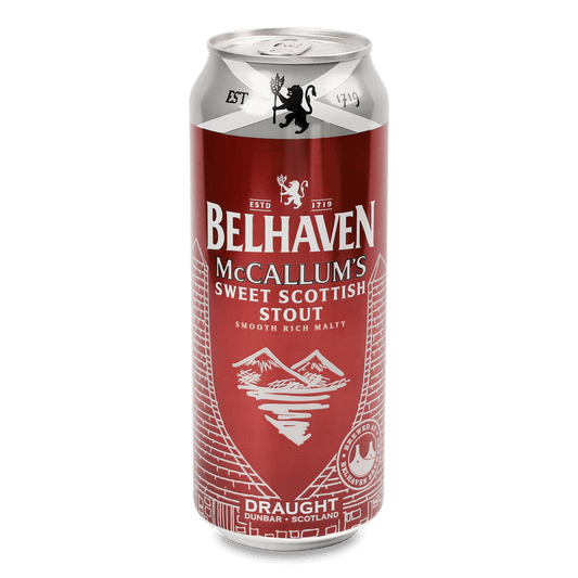 Four 440ml cans of Belhaven McCallum's Stout in a 24-pack case, featuring dark stout beer from LiquorDay.
