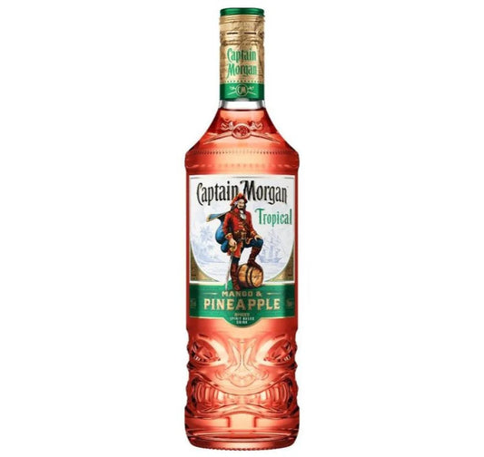 Captain Morgan Tropical Mango & Pineapple Spiced Rum in a 700mL bottle, featuring vibrant fruit flavors and spiced notes.