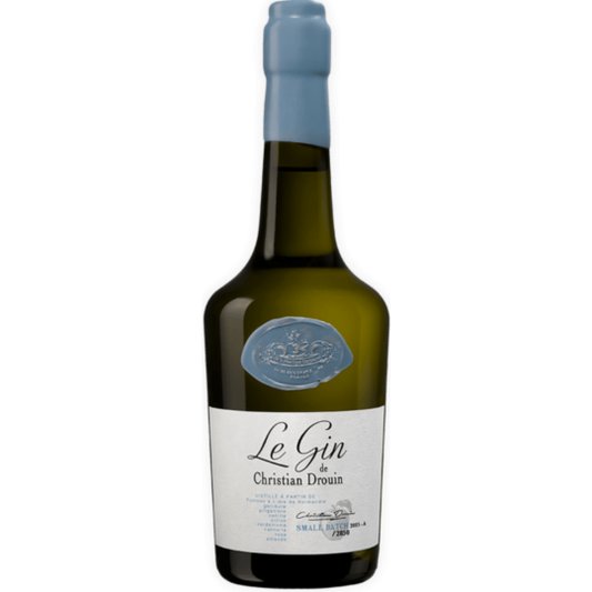 Christian Drouin Le Gin Blanc Dry Apple Gin 700ml bottle, clear glass with label, showcasing the elegant packaging and branding.