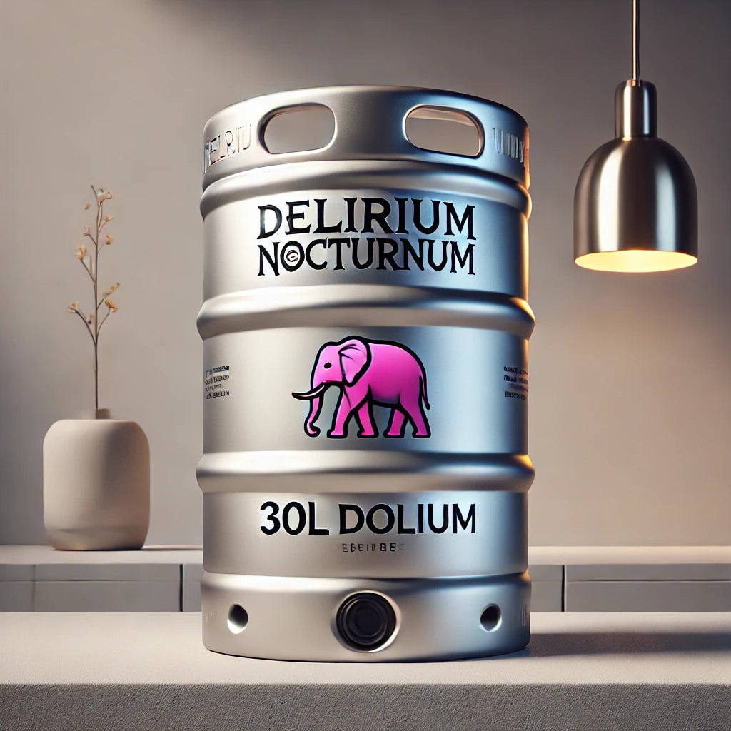 Delirium Nocturnum 30L Dolium Keg by LiquorDay, large beer keg with colorful label and tap, ready for serving.