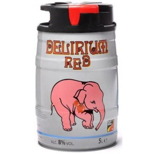 Delirium Red 30L Dolium Keg by LiquorDay, showcasing the vibrant red beer in a large keg with colorful label and tap system.