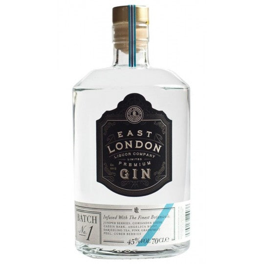 Bottle of East London Liquor Company Dry Gin 700mL with clear label and dark glass bottle, on a white background
