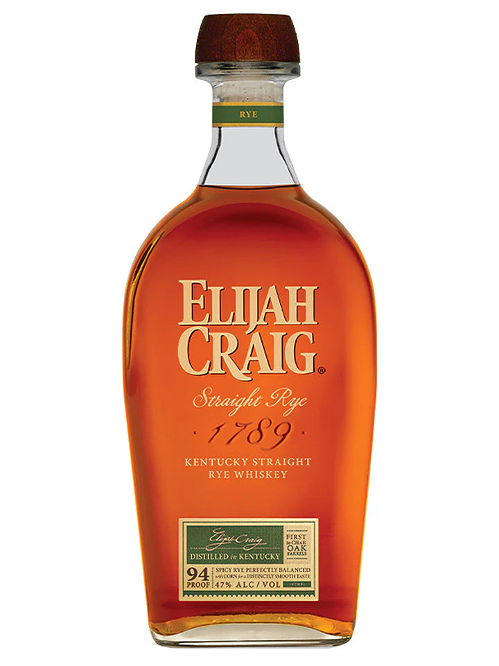 Elijah Craig Kentucky Straight Rye Whiskey 700mL bottle with label and packaging, showcasing rich amber color.