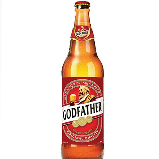 Bottle of LiquorDay Godfather Strong 330ml whiskey with dark label and cap, placed on a wooden surface.