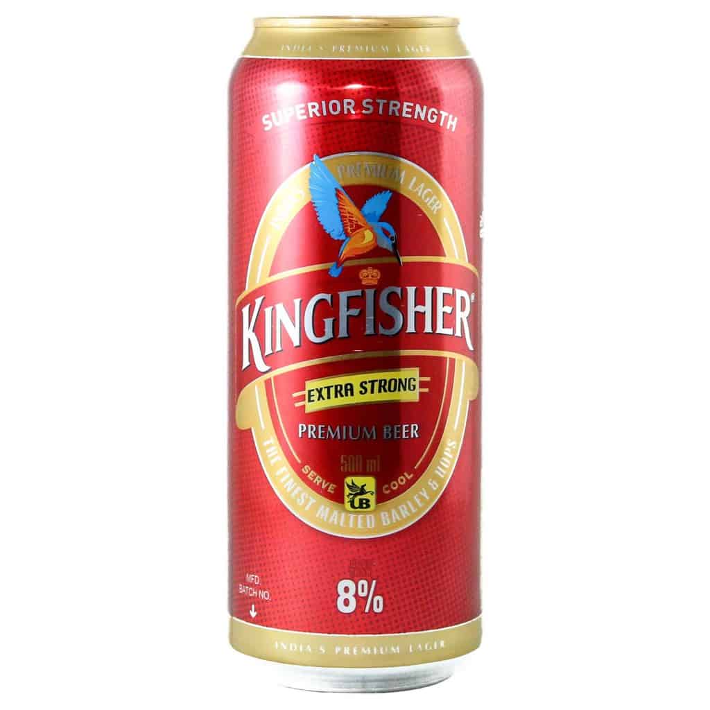24 cans of Kingfisher Strong Indian Beer, 500ml each, displayed in a row with vibrant branding and metallic finish