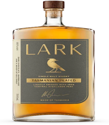 Lark Distillery Tasmanian Peated Single Malt Australian Whisky 500ml bottle on display, showcasing its label and amber color.