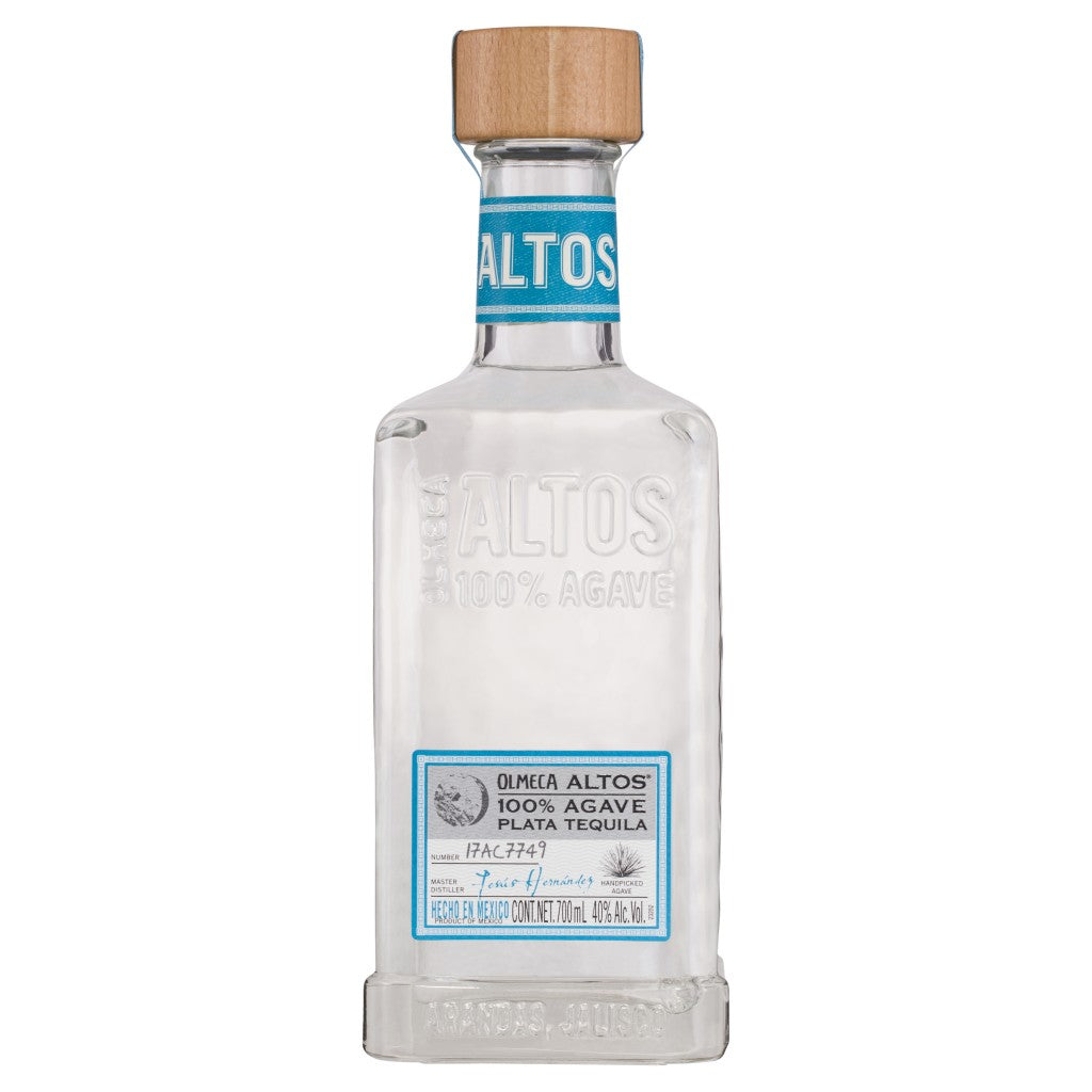 Olmeca Altos Plata Tequila 700ml bottle with clear glass showcasing the smooth, silver tequila inside.
