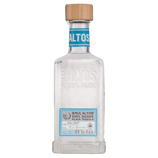 Olmeca Altos Plata Tequila 700ml bottle featuring clear glass and silver label, premium Mexican tequila brand.