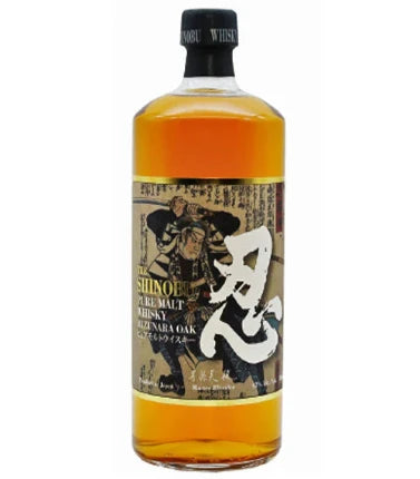 Japanese whisky Shinobu by LiquorDay in a clear glass bottle with a dark label and gold accents, showcasing its premium design.