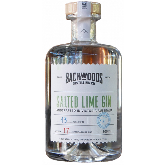 Backwoods Salted Lime Gin 500ml bottle from LiquorDay, with a clear label and vibrant lime imagery on the packaging.
