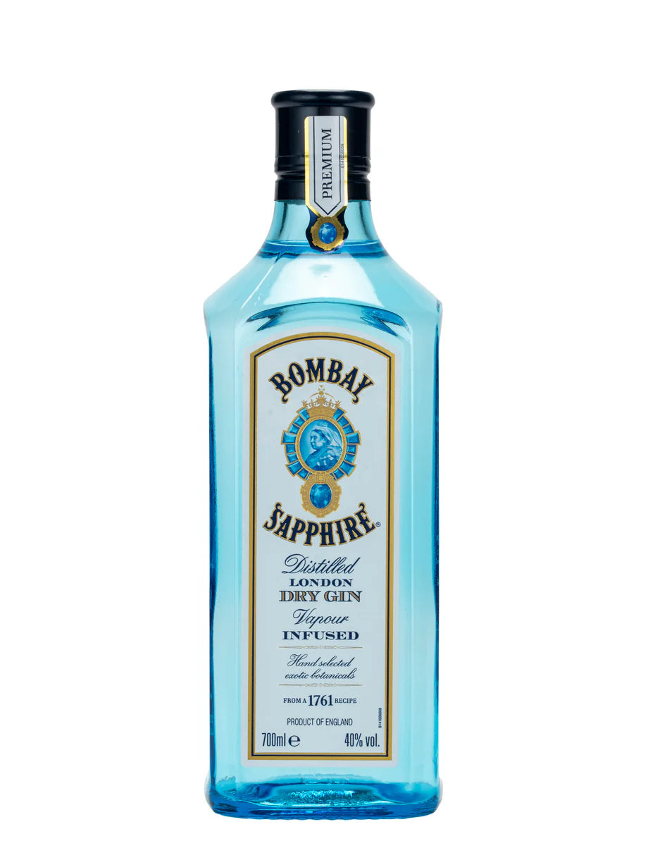 Bottle of Bombay Sapphire Gin 700ml with distinctive blue glass and elegant label, displayed on a neutral background.