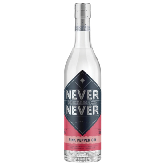 Bottle of Never Never Distilling Co Pink Pepper Gin in a 500ml bottle from LiquorDay, with pink peppercorns visible inside.
