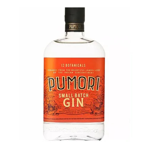 Pumori Small Batch Indian Gin bottle from LiquorDay, 750ml, with a sleek label and clear glass bottle on a white background.