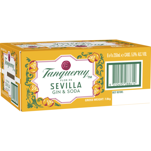 Tanqueray Sevilla Gin & Soda premixed cans, 24 x 250ml, in sleek packaging with Tanqueray branding and vibrant Sevilla citrus imagery.