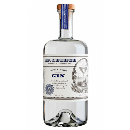 St. George Botanivore Gin 750mL bottle, an international gin with distinctive label and clear glass showcasing the liquor inside.