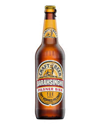 LiquorDay Barhasinhr Pilsner Beer in a clear glass bottle with a golden color and label, on a neutral background.