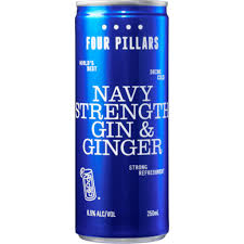 Four Pillars Navy Strength Gin & Ginger pre-mixed drink in a 250ml bottle, by LiquorDay, with a dark liquid and label visible.