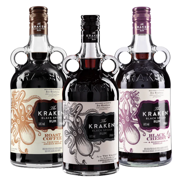Assorted bottles of The Kraken Rum full range bundle by LiquorDay, showcasing various dark and spiced rum bottles.