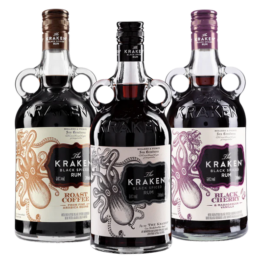 Assorted bottles of The Kraken Rum full range bundle by LiquorDay, showcasing various dark and spiced rum bottles.