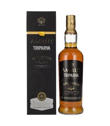 Amrut Triparva single malt whiskey in a 700ml bottle, featuring rich amber color and detailed label design.
