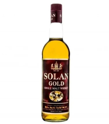 Bottle of LiquorDay Solan Gold Single Malt Whisky 700mL with gold label and amber liquid inside.