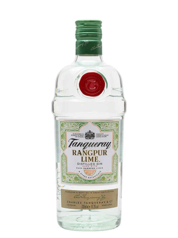 Tanqueray Rangpur Gin 700ml bottle, clear glass with green and gold label, showcasing the spirits inside.