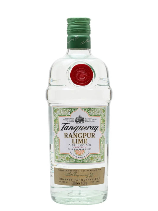 Tanqueray Rangpur Gin 700ml bottle, clear glass with green and gold label, showcasing the spirits inside.