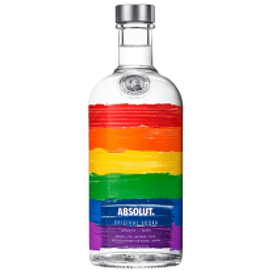 Bottle of Absolut Rainbow Vodka Limited Edition 700ml with colorful rainbow label and clear glass bottle.