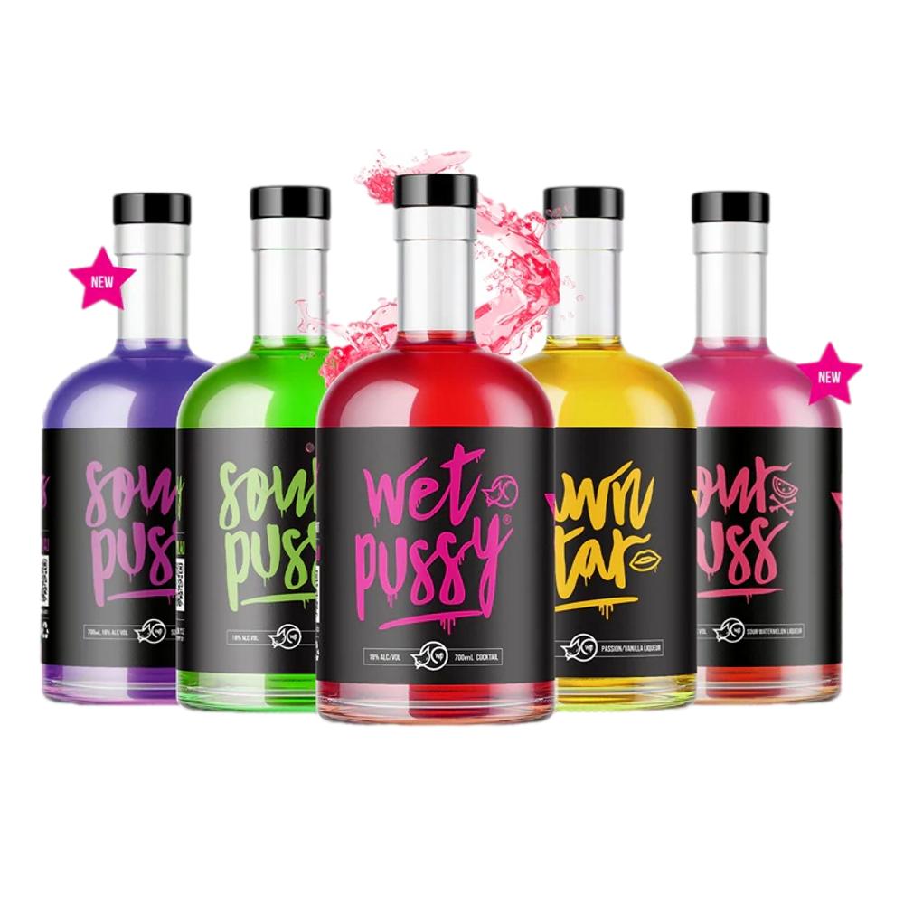 Bottle collection of LiquorDay Wet Pussy liqueur, featuring 5 bottles of 700ml each with vibrant labels and colorful packaging.