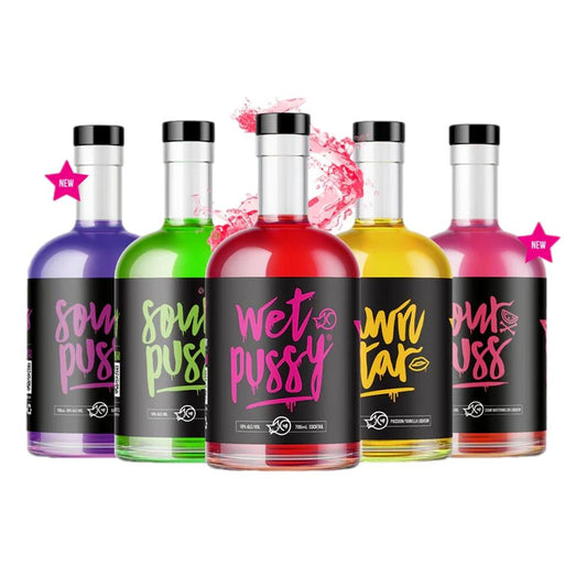 Bottle collection of LiquorDay Wet Pussy liqueur, featuring 5 bottles of 700ml each with vibrant labels and colorful packaging.