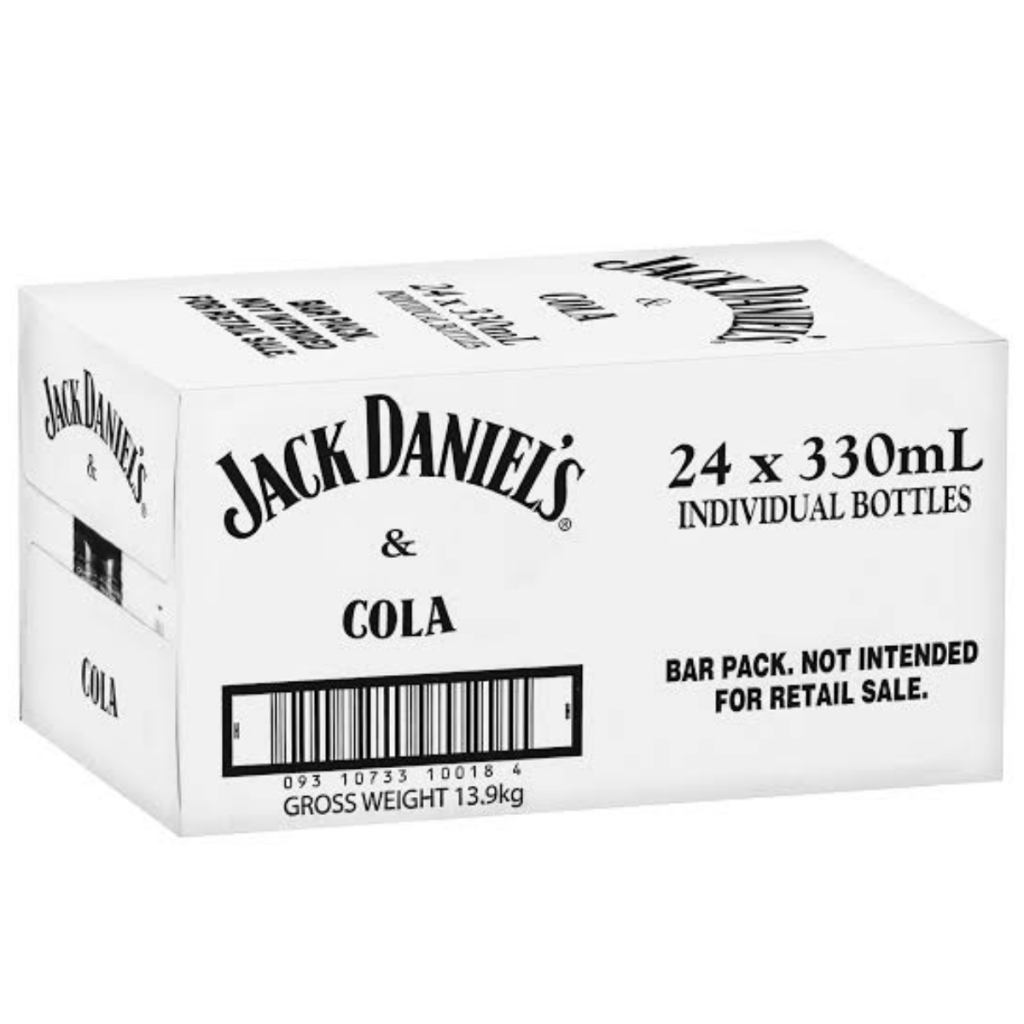 Jack Daniels whiskey premix in 330ml bottles, LiquorDay OP Barpack, pack of 24 showing bottles with label and packaging.