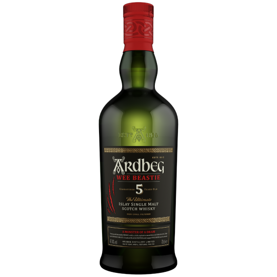Ardbeg Wee Beastie 700ml whisky bottle with dark label and wooden cap, displayed on a neutral background.