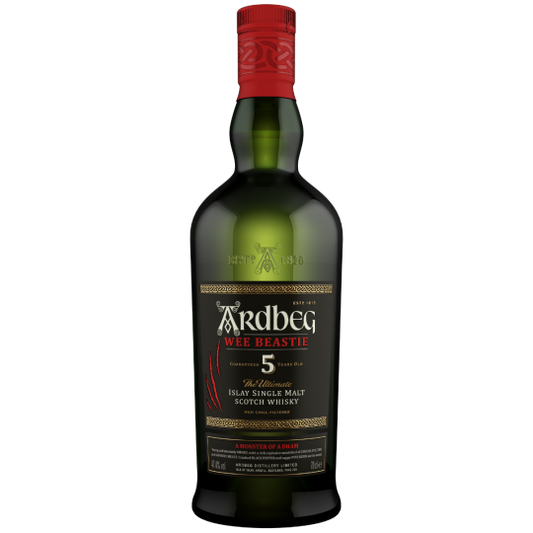 Ardbeg Wee Beastie 700ml whisky bottle with dark label and wooden cap, displayed on a neutral background.
