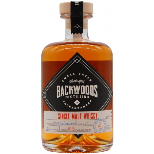 Backwoods Single Malt Batch 10 whisky by LiquorDay, with ex-Chardonnay cask aging and smoked red finish, in a glass.