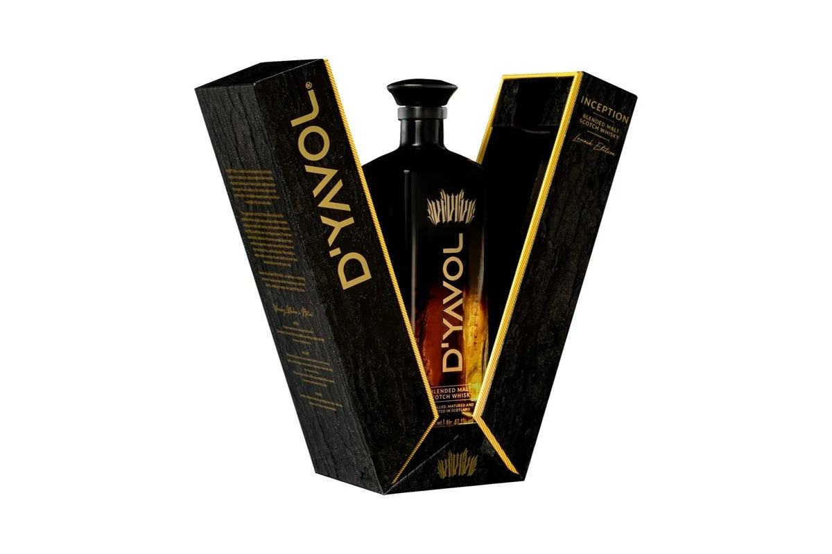 D'Yavol Whisky 750ml bottle featuring Shah Rukh Khan, displayed with its label and packaging on a neutral background.