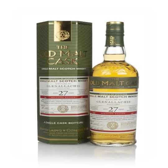 Glenallachie 27 Year Old 1992 Old Malt Cask Hunter Laing single malt Scotch whisky bottle, 700ml, with a dark, elegant label.