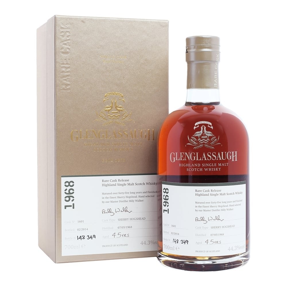 Bottle of Glenglassaugh 45 Year Old Single Malt Scotch Whisky in a 700ml bottle, featuring a clear glass decanter with a cork stopper.