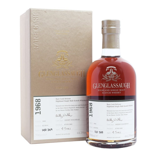 Bottle of Glenglassaugh 45 Year Old Single Malt Scotch Whisky in a 700ml bottle, featuring a clear glass decanter with a cork stopper.