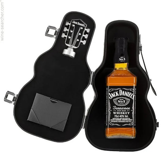 Jack Daniels Old No. 7 whisky bottle in a guitar-shaped case, 700ml, displayed with branding and packaging details.