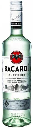 Bacardi Carta Blanca Superior White Rum 1L bottle with clear glass and label, on a plain background.
