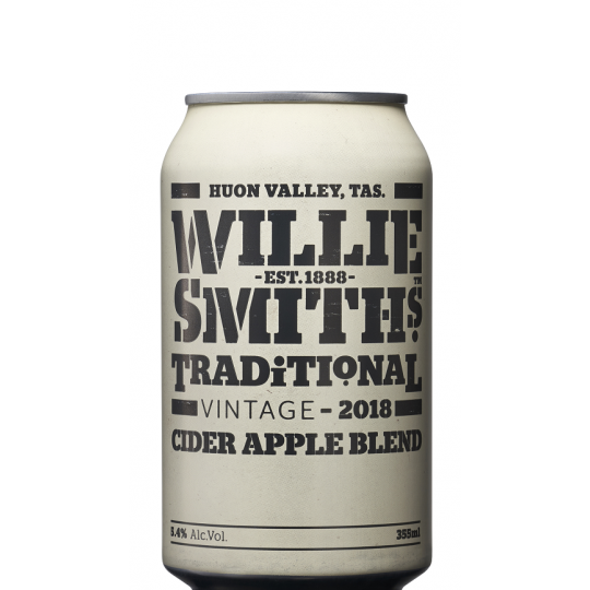 24 cans of Willie Smith's Traditional Apple Cider by Paramount, 355mL each, arranged in a pack.