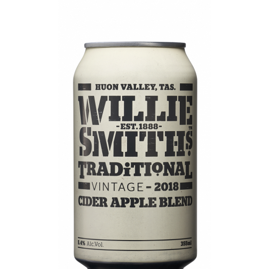 24 cans of Willie Smith's Traditional Apple Cider by Paramount, 355mL each, arranged in a pack.