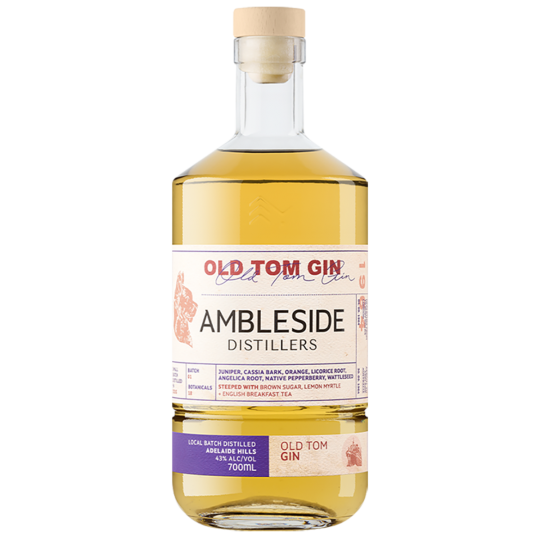 Australian Dry Gin bottle labeled Ambleside Distillers Old Tom Gin, 700ml, by Paramount, with clear branding and elegant packaging.